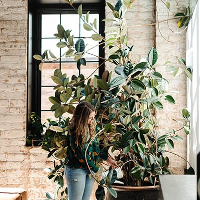 Mandi Gubler standing in front of her black Andersen E-Series windows that help muffle noise from the outside.