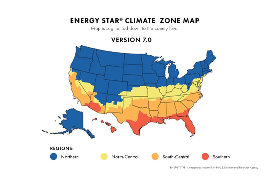 A map of the United States that's color coded to indicate the four ENERGY STAR climate zones