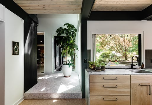 An interior shot of a kitchen counter with an open window above the sink and a hallway anchored by a large potted plant to the left.