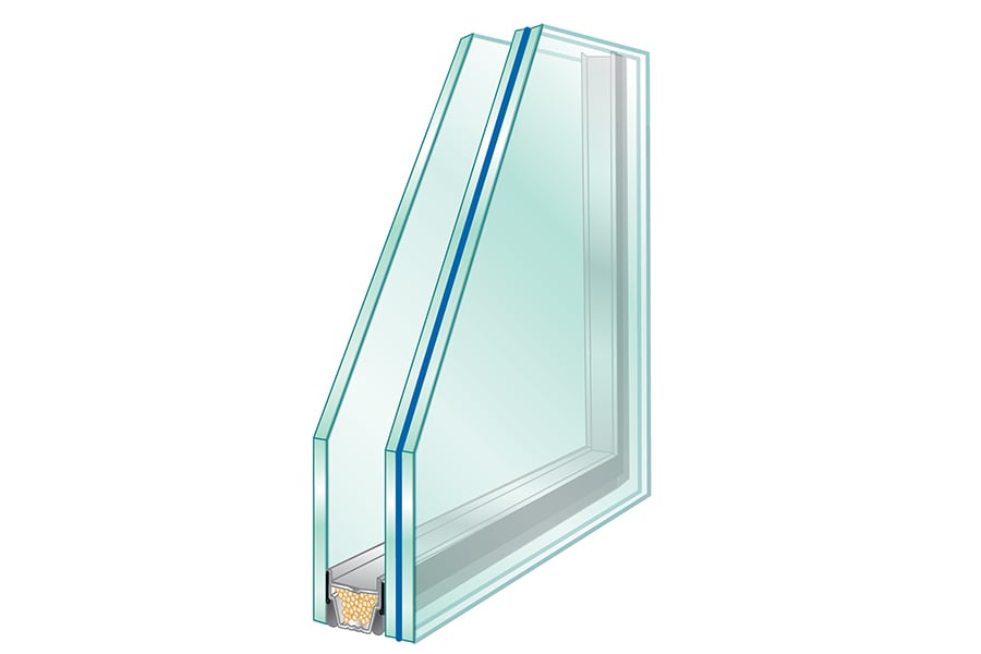 An illustration shows an example of a dual-pane window with one pane of glass on the outside, an air space in between, and another pane of laminated glass on the inside.