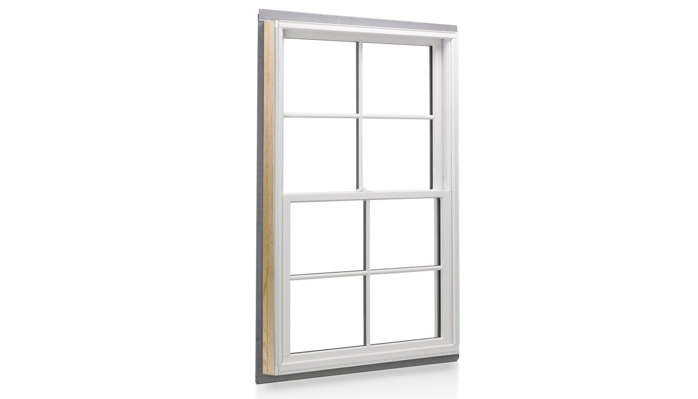 An Andersen® 400 Series Double-Hung Window with white frames, colonial grille pattern, and triple-pane glass.