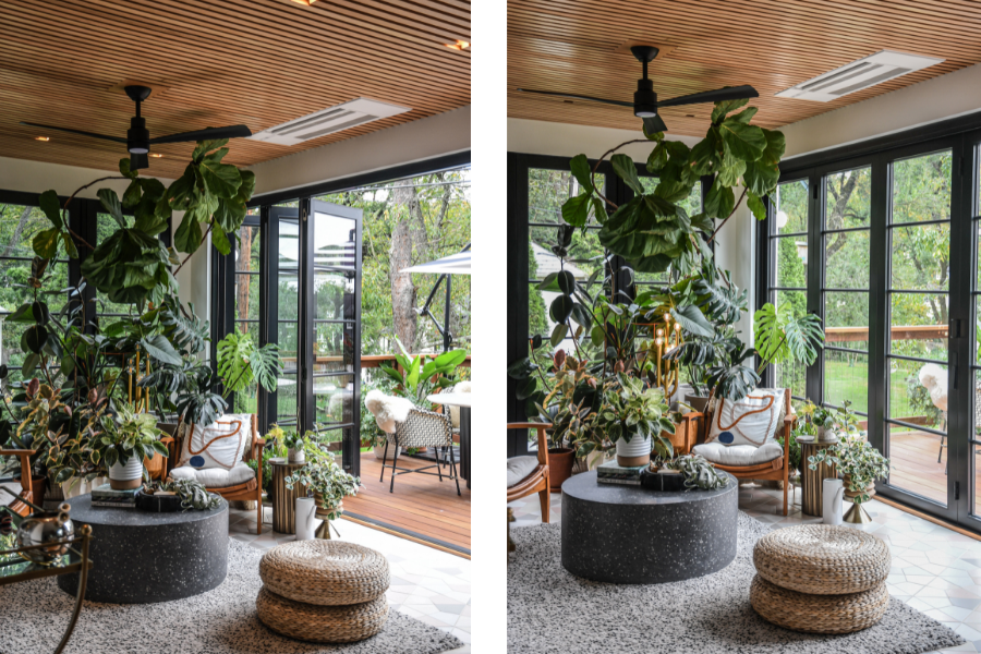 Left: The open Folding Outswing doors in Hilton Carter’s sunroom make for easy access to the deck outside. Right: Even when closed, the Folding Outswing doors in Hilton Carter’s sunroom still let in lots of light