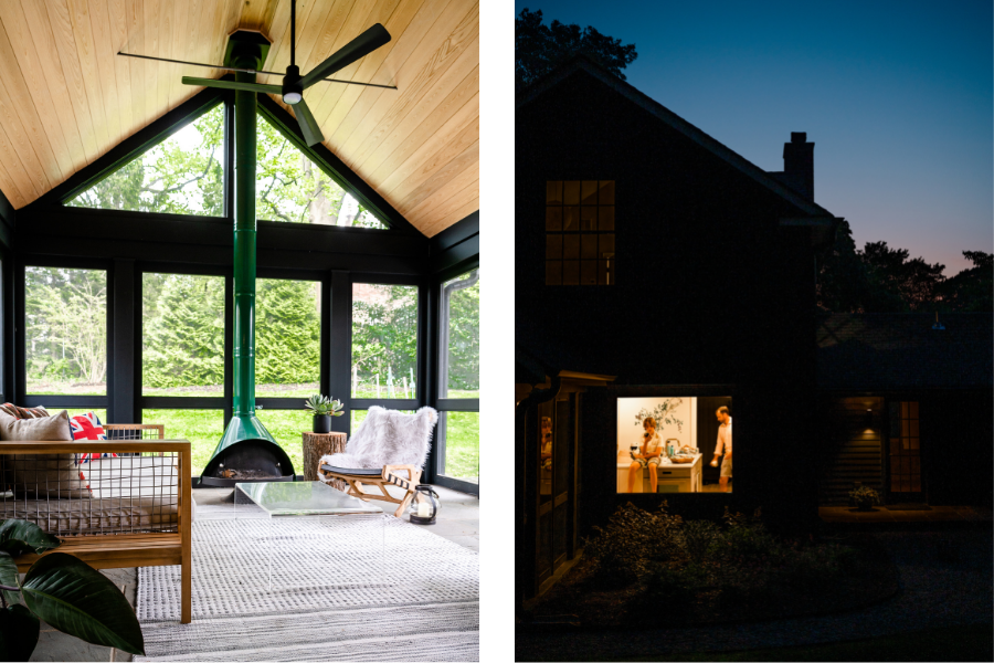 Side by side images of porch and oversized picture window in the kitchen-dining room