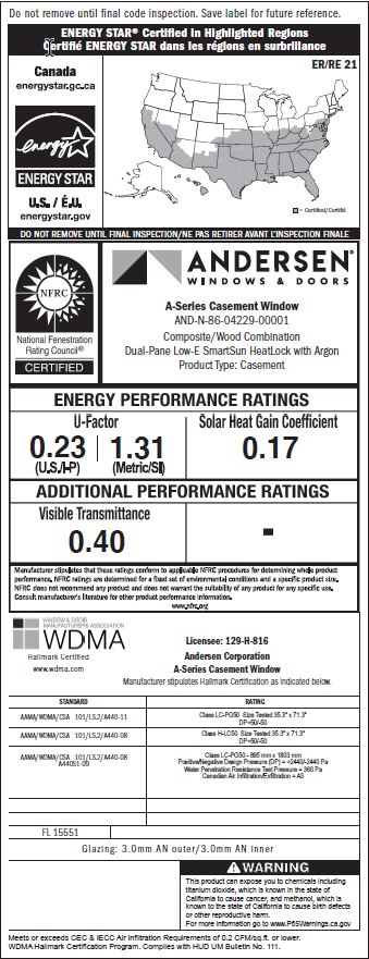 U-Factor will be listed on Andersen performance labels, which include criteria that’s been established by industry groups, including the National Fenestration Ratings Council (NFRC) — a nonprofit organization that promotes the advancement of energy-efficient windows, doors, and skylights.